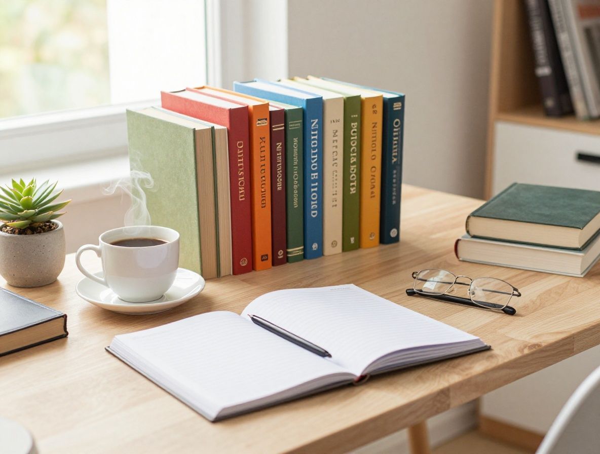 Escritorio de trabajo ordenado con cuaderno abierto, taza de té humeante y varios libros de nutrición apilados, iluminado por luz natural que entra por una ventana