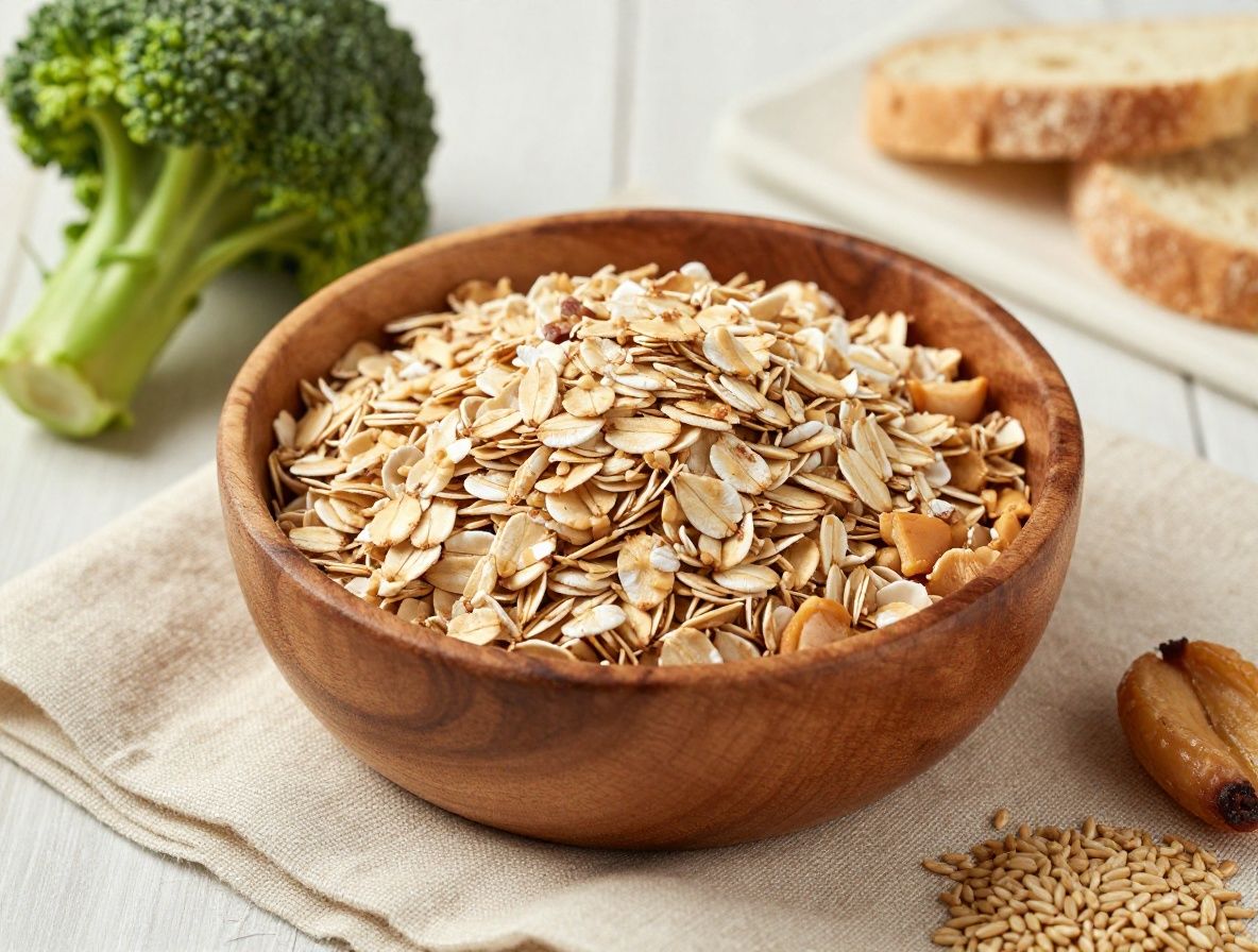 Colección de alimentos ricos en fibra dietética: avena en cuenco de madera, manzanas rojas, garbanzos cocidos, brócoli verde y pan de centeno integral sobre tela de lino