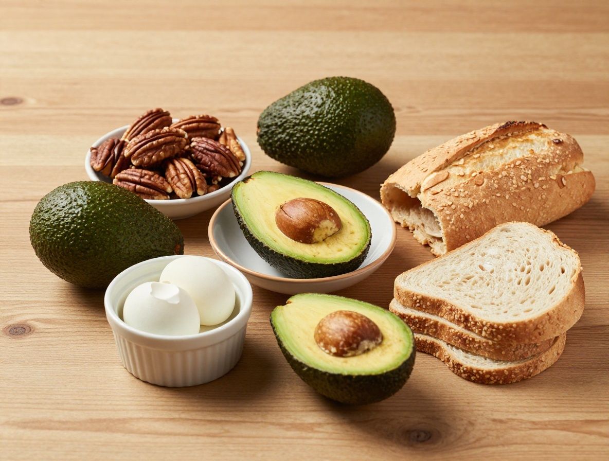 Selección de alimentos ricos en macronutrientes sobre una superficie de madera clara: nueces, aguacate, huevos, legumbres y pan integral
